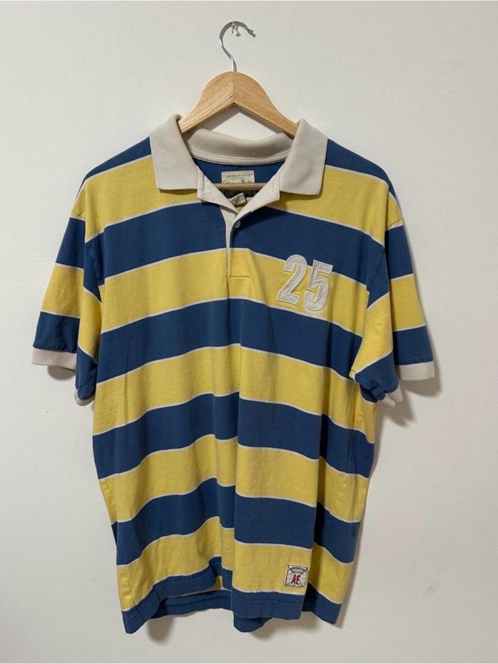 American Eagle Outfitters Yellow & Blue Striped Polo with Number 25